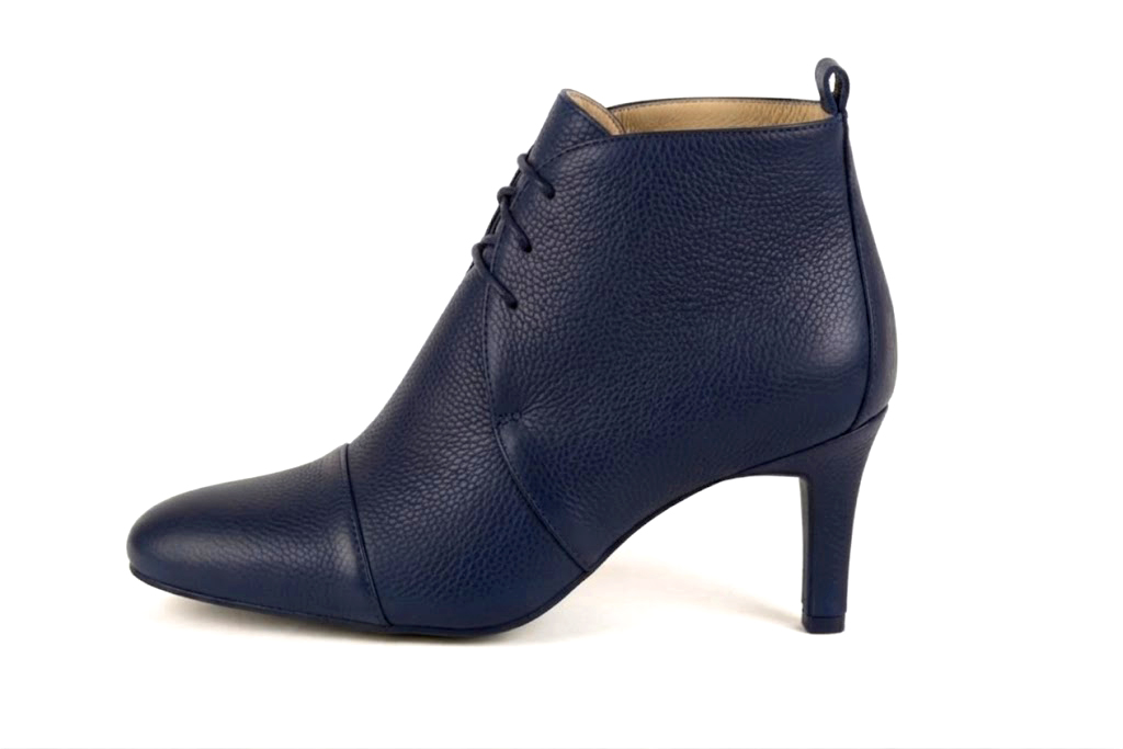 Classic front lace-up leather ankle boots offering tailored instep support, refined eyelet detailing, and timeless everyday sophistication, in navy blue leather with round toe and mid comma heel - Florence KOOIJMAN